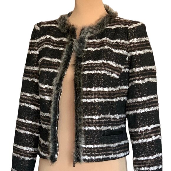 NWT Stella & Jamie Fur Trim Tweed Blazer Sz L Black White Striped Career Office - Picture 4 of 15